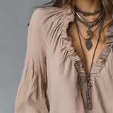Blouse en coton et lin à col plissé volanté facile à porter
