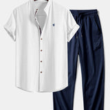 Chemise à manches courtes effet lin à col droit et pantalon droit texturé froissé
