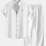 Chemise à manches courtes en aspect lin avec col officier et pantalon droit en lin