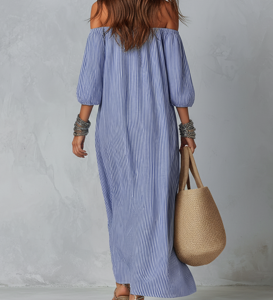 Robe de villégiature ample à rayures bleues et blanches et col bardot