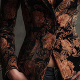 Blazer en velours à motif floral noir et bronze