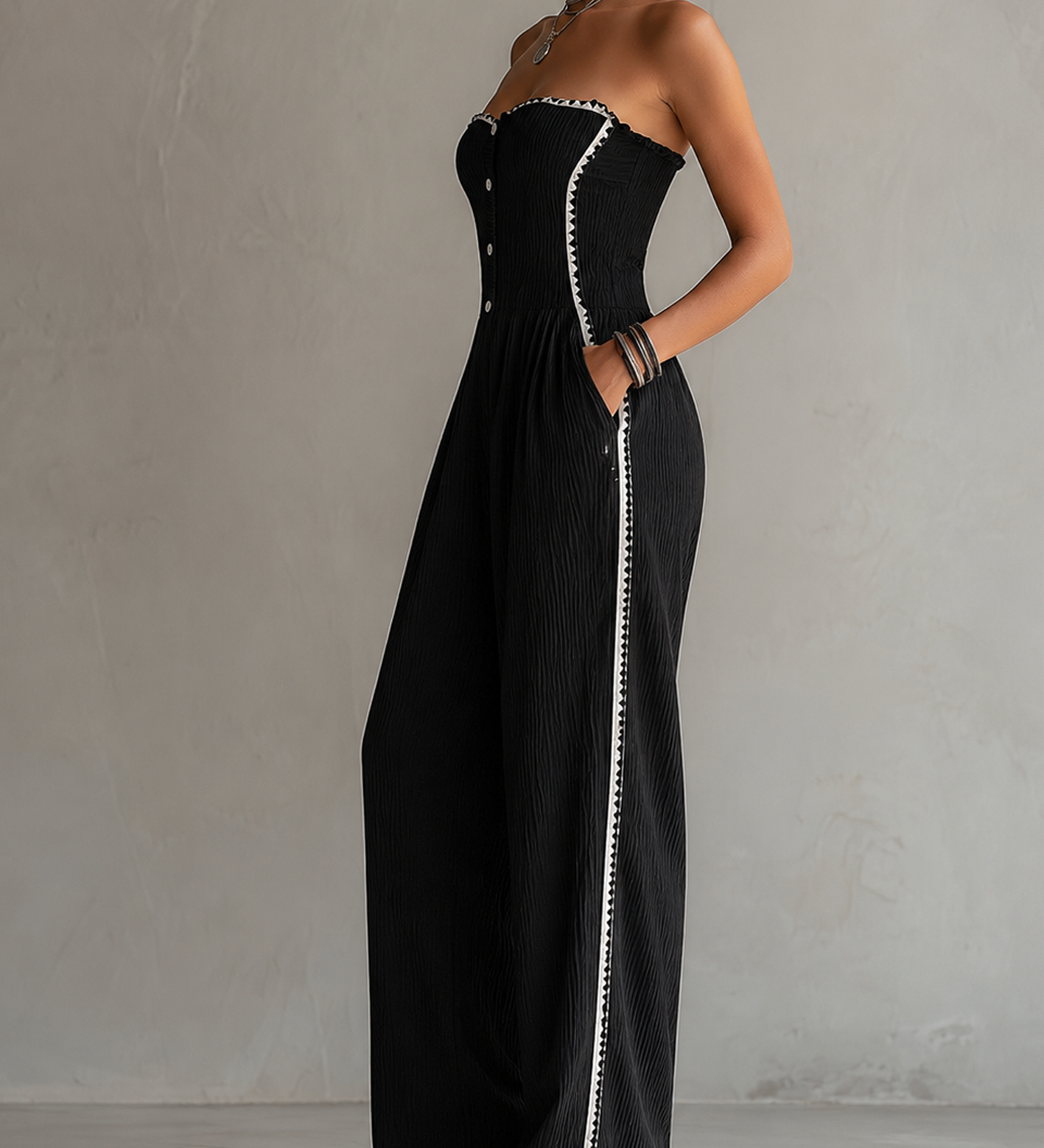 Combinaison bustier à garniture ruban texturé noir