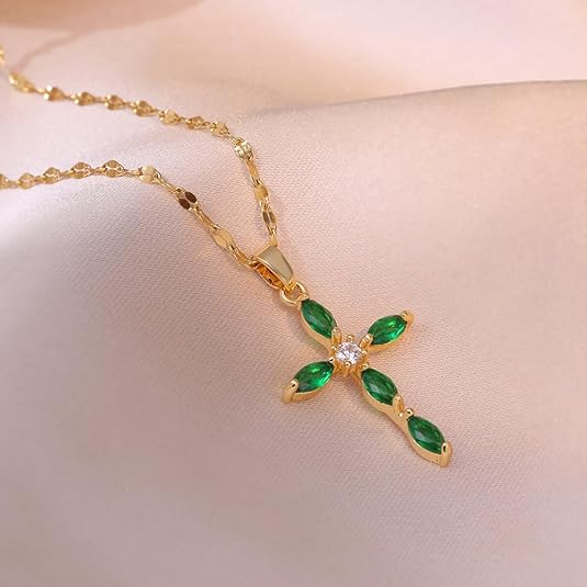 Collier croix émeraude | Doré