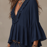 Blouse bohème à volants bleu profond décontractée