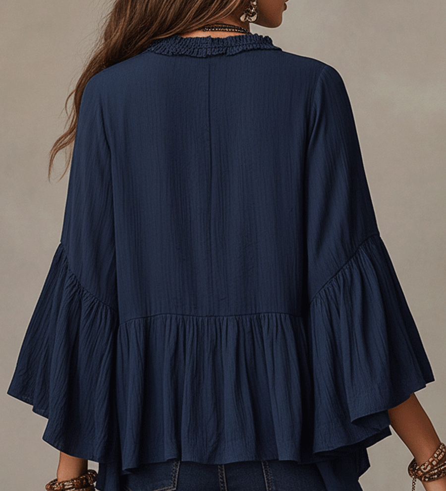 Blouse bohème à volants bleu profond décontractée