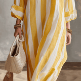 Robe midi décontractée rayée jaune et blanche, esprit vacances