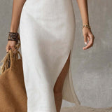 Robe midi en coton et lin à col montant et ourlet fendu