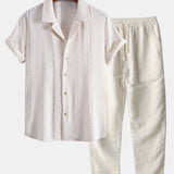 Chemise à col cubain en jacquard géométrique et pantalon droit en lin
