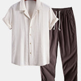 Chemise à col cubain en jacquard géométrique et pantalon droit en lin
