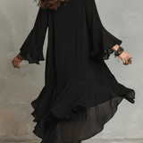 Robe midi bohème noire asymétrique élégante à volants