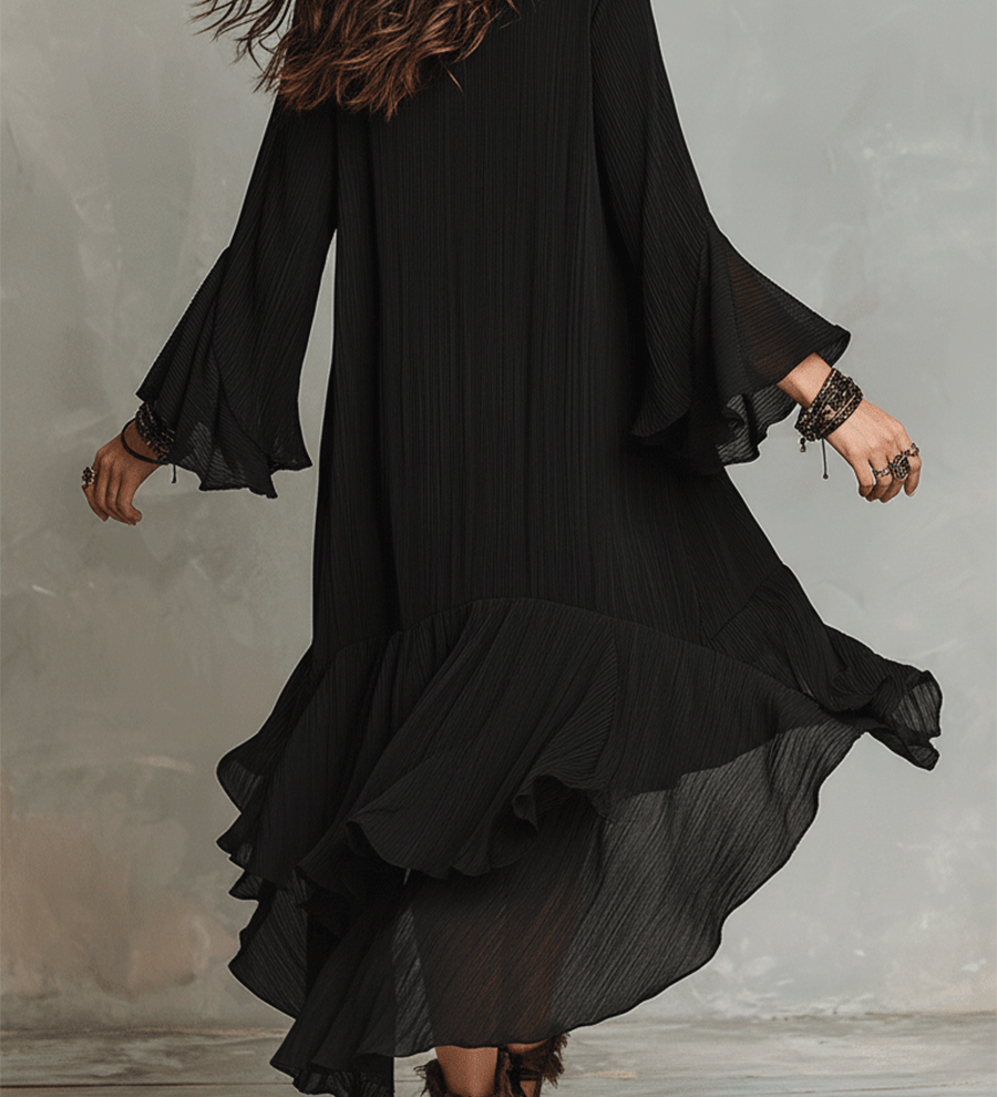 Robe midi bohème noire asymétrique élégante à volants