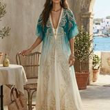 Robe longue kaftan ombrée bleu sarcelle et aigue-marine, style brise côtière élégante