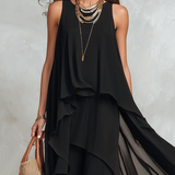 Robe longue bohème en mousseline de soie noire à étages