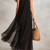 Robe longue bohème en mousseline de soie noire à étages