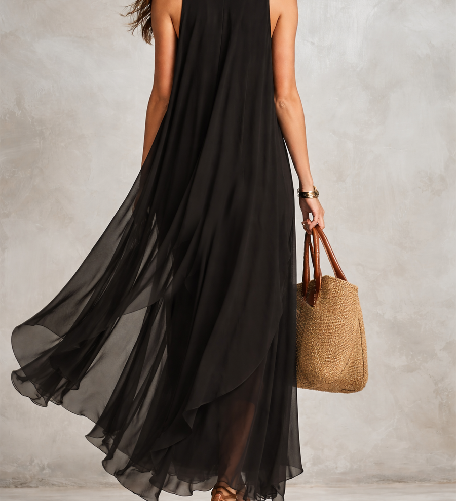 Robe longue bohème en mousseline de soie noire à étages