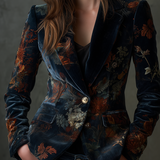 Blazer en velours de polyester à imprimé floral vintage et boutons métalliques