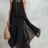 Robe longue bohème en mousseline de soie noire à étages