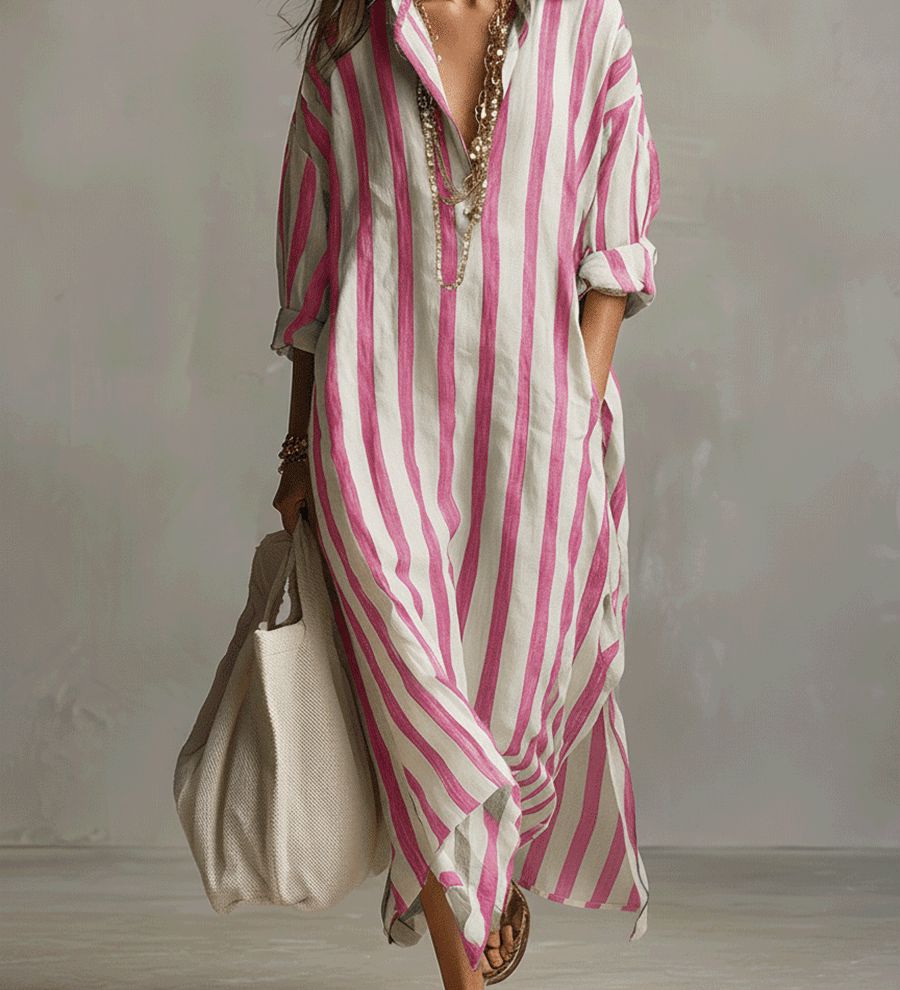 Chemise rayée décontractée Robe longue style bohème