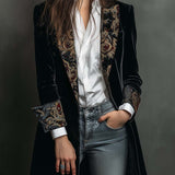 Blazer intemporel de luxe vintage en velours noir avec revers à imprimé baroque
