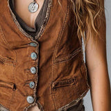 Gilet en Jean Délavé Caramel avec Surpiqûres Boutons en Laiton