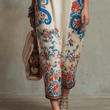 Robe mi-longue Kaftan style bohème à motif cachemire floral bleu ivoire
