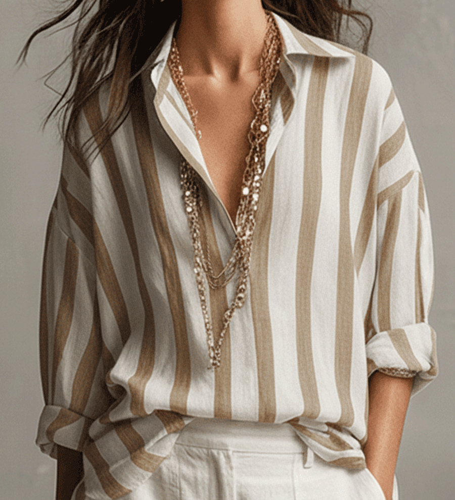 Chemise décontractée à manches longues en coton et lin rayée