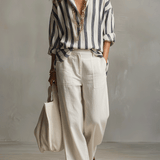 Chemise décontractée à manches longues en coton et lin rayée