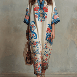 Robe mi-longue Kaftan style bohème à motif cachemire floral bleu ivoire
