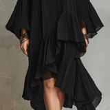 Robe midi bohème noire asymétrique élégante à volants