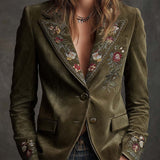 Blazer en velours vert olive avec broderies florales complexes