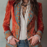 Blazer imprimé en velours de polyester à contraste rétro