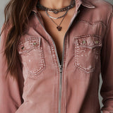 Chemise en jean délavé rose fané style western avec fermeture éclair