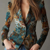 Blazer ajusté vintage en velours bleu sarcelle à motifs floraux