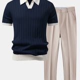 Polo à col Johnny avec rayures contrastantes et pantalon fuselé coupe slim