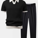 Polo à col Johnny avec rayures contrastantes et pantalon fuselé coupe slim
