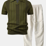 Polo en maille ajourée à col Johnny rayé et pantalon droit en lin