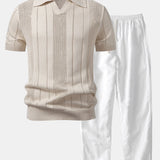 Polo en maille ajourée à col Johnny rayé et pantalon droit en lin