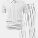 Polo en maille ajourée à motif jacquard géométrique et pantalon droit côtelé