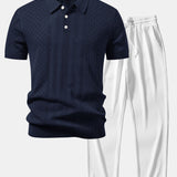 Polo en maille ajourée à motif jacquard géométrique et pantalon droit côtelé