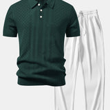 Polo en maille ajourée à motif jacquard géométrique et pantalon droit côtelé