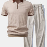 Polo en maille texturée à fermeture éclair avec bordures contrastantes et pantalon droit à taille élastique