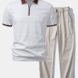 Polo en maille texturée à fermeture éclair avec bordures contrastantes et pantalon droit à taille élastique