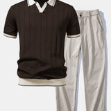 Polo en maille à col Johnny avec bordure contrastante et pantalon droit à taille élastique