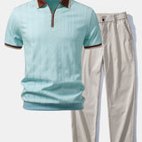 Polo en maille texturée à fermeture éclair avec bordures contrastantes et pantalon droit à taille élastique