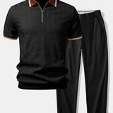 Polo en maille texturée à fermeture éclair avec bordures contrastantes et pantalon droit à taille élastique