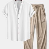 T-shirt à col en V à texture froissée<tc>rouge</tc> &amp; pantalon droit à texture froissée<tc>rouge</tc>