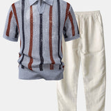 Polo rayé en crochet à col en V & pantalon droit en lin