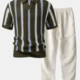 Polo rayé en crochet à col en V & pantalon droit en lin