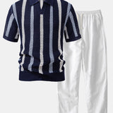 Polo rayé en crochet à col en V & pantalon droit en lin