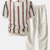 Polo rayé en crochet à col en V & pantalon droit en lin